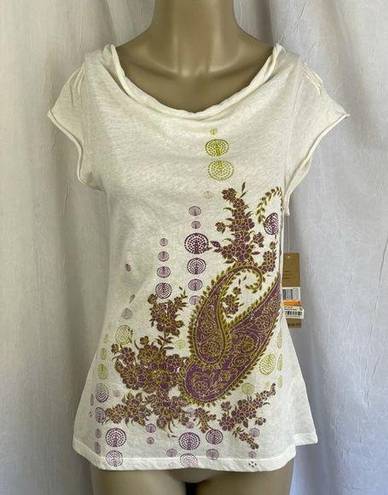 DKNY NWT VTG Y2K  Jeans Petites T-Shirt Cream Purple Green Paisley Studded Sz SM