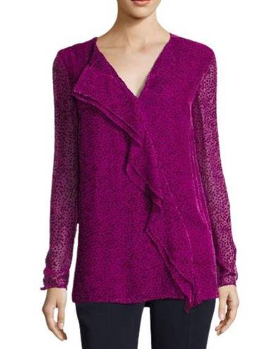 St. John  Magenta Velvet Polka-Dot Asymmetric Ruffle Blouse Silk Women's Small