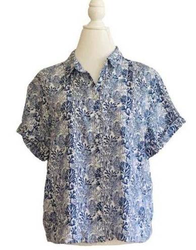 Nicole Miller  Top Blue White Coral Print Linen Short Sleeve Button Down Small