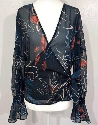 Stylestalker Floral Print Sheer Chiffon Bell Sleeve Wrap Blouse Navy Size Small