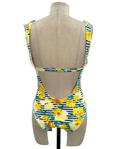 Skye Swimwear SKYE Primavera Yellow Floral Blue & White Striped One Piece Monokini Size Large