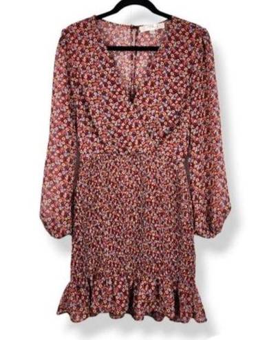 The Row  A Burgundy Floral Long Sleeve Ruffle Smoked Dress Long Sleeve Size L