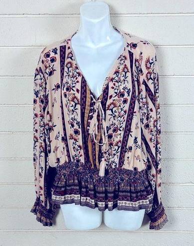 Angie  Tan Floral Boho  Blouse 2X