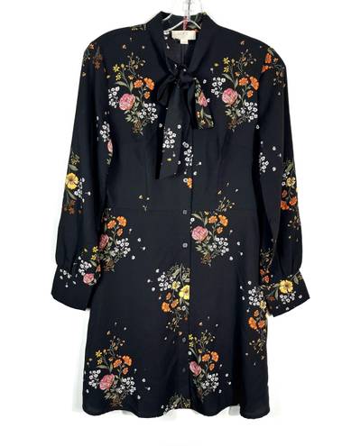 The Loft  Black Multicolored Floral Long Sleeve Bow Tie Neck Chiffon Dress 0 Petite