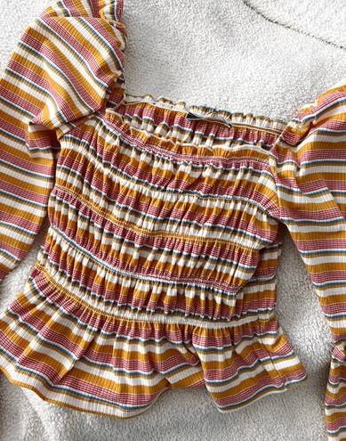 Lane 201 Yellow & Pink Striped Smocked Long Sleeve Top