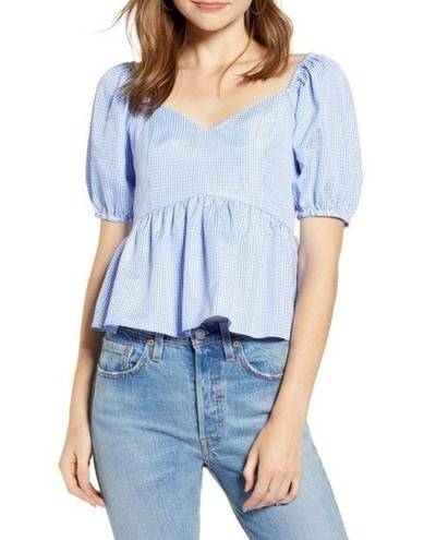 English Factory Nordstrom,  New Blue Gingham Peplum Puff Sleeve Top Size Small