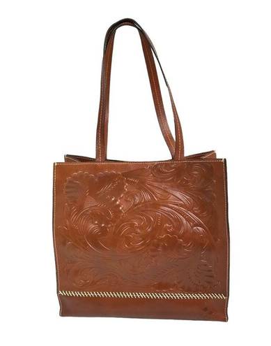 Patricia Nash  Toscano Florence Wax Tooled Tote Bag Embossed Italian Leather Tan