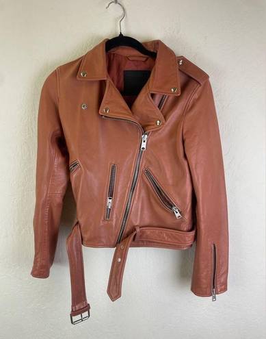 All Saints Balfern Belted Hem Leather Biker Jacket in Rosewood, in size 8