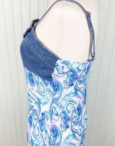 Metro Vintage Y2K  Style Stretch Denim Buckle Tank Blue Purple Printed Scarf Top