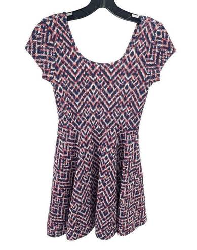 Aeropostale  Womens Fit Flare Dress Stretch Geometric Blue Pink Size Small