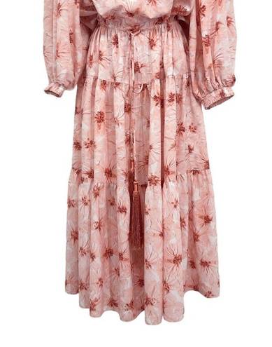 Alexis  Tilia Off the Shoulder Floral Print Tiered Midi Dress Tassel Tie Pink