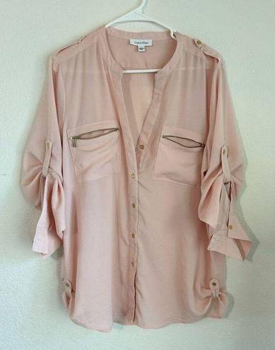 Calvin Klein  Zip Pocket Utility Blouse Top Blush Pink Work Business Size Large