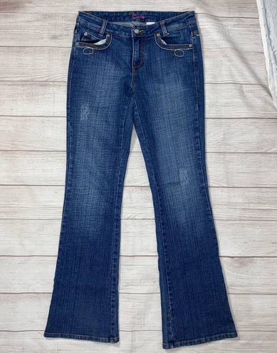 Cache cotton blend lightly distressed flare leg jeans w/embroidery blue sz 6