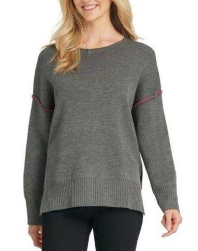 DKNY Womens Sweater Pullover Long Sleeves Tunic Contrast Trim Gray Pink Small