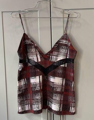 Lovers + Friends  Tank Top Cami Red White Mesh Insert Plaid Tartan Shift Lace XS