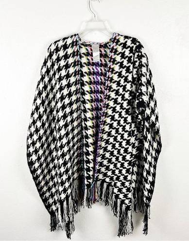 Chico's CHICO’S Black And White Houndstooth Multicolored Accent Panel Fringe Poncho, OS