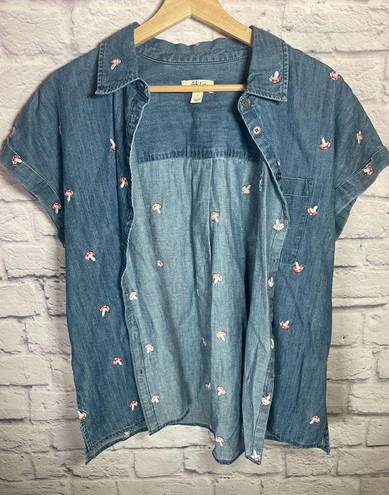 Style & Co  Denim Shirt Sz L Button Down Slits Embroidered Mushrooms Novelty Fun‎