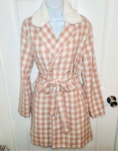 Aura  It's A Look Light Pink Plaid Coat Tie Double Breast Pearl Button M J NWT