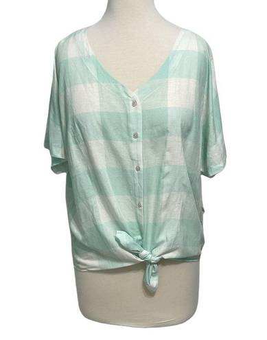 Style & Co . Gingham Tie Front Short Sleeve Button Up Linen Top Mint White Medium