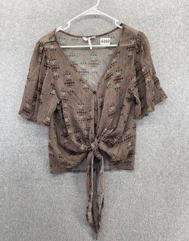 Kirra  Women's Blouse Tie Front Brown Taupe Tribal Sheer Size Large