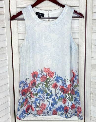 AGB Floral Lace Print Sleeveless Blouse Blue White Small