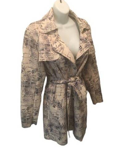 Solitaire  Spring Soft Suede Feel Belted Trench Coat Retro Print Sz. S Tan Navy