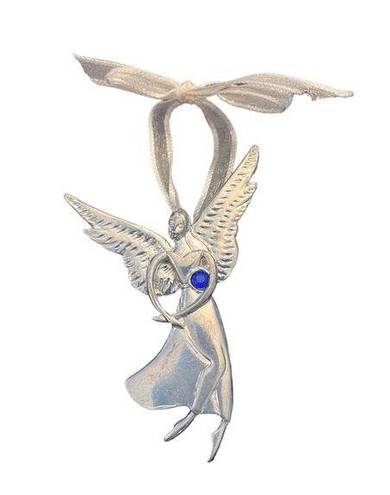 American Vintage Birthstone Pewter Angel BROOCH PIN Ornament Pendant September Sapphire Crystal