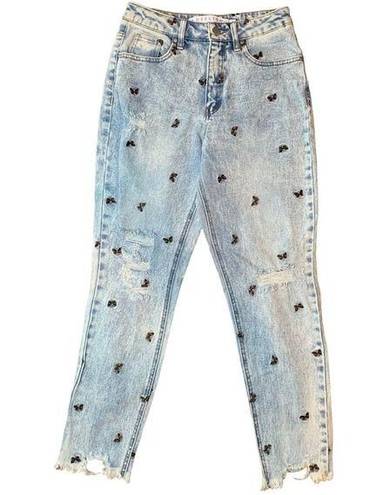 Tinseltown Women's  butterfly embroidered distressed skinny jeans