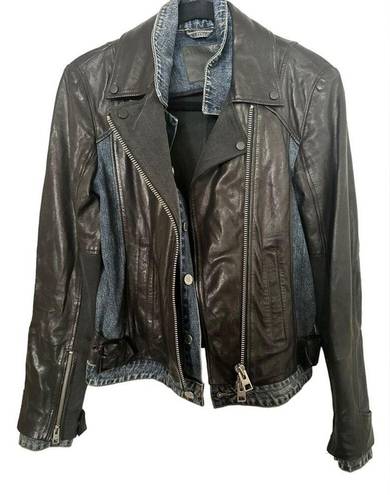 ALLSAINTS  Leather Jacket Biker Blue Denim Black Leather Jacket Size 4