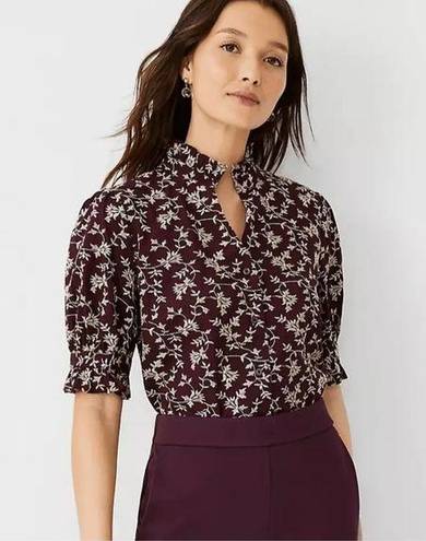 Ann Taylor  NWT Women's Small Maroon Floral Embroidered Blouse Puff Sleeve Ruffle