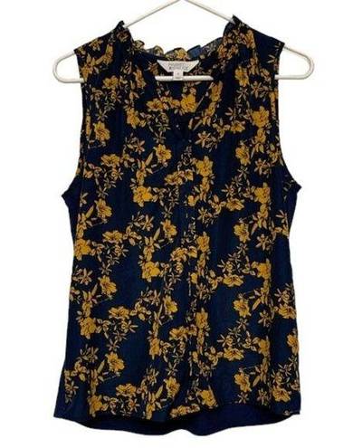 Market & Spruce  Stitch Fix Blue Mustard Floral Sleeveless Blouse Ruffle Size Med