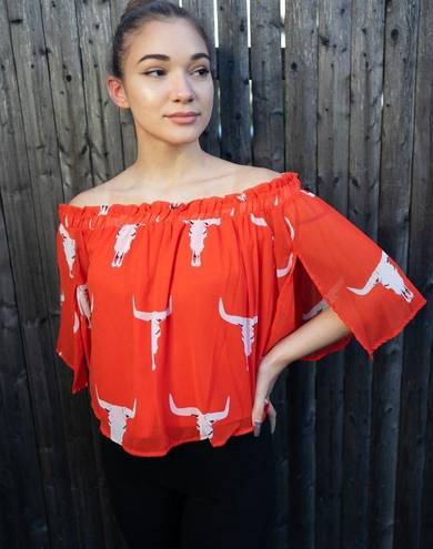 Peach Love California Cattle Skull Off The Shoulder Top in Red Orange, Small NWT