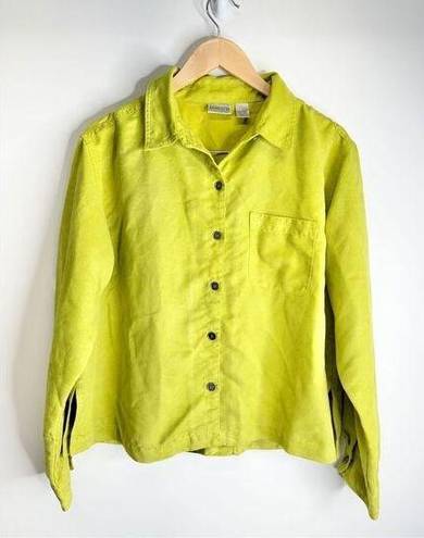 Chico's  Shirt Womens Large Green Faux Suede Button Down Front Pocket Casual