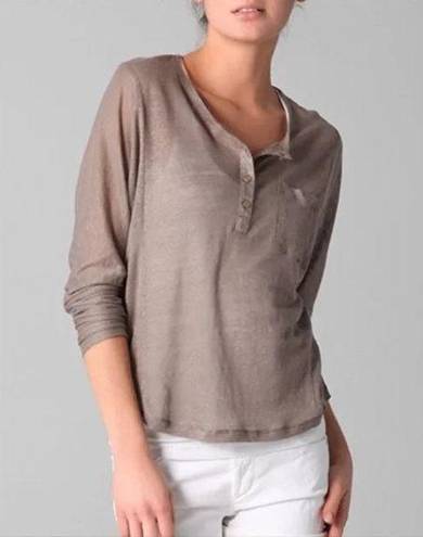 Vince  100% Linen Button Up Light Brown Henley Tee Top‎ Womens Size L Long Sleeve