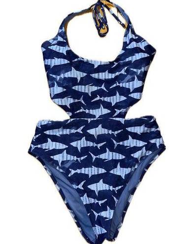 Aerie  Women's One Piece Swimsuit L Blue Shark Print High Leg Cut