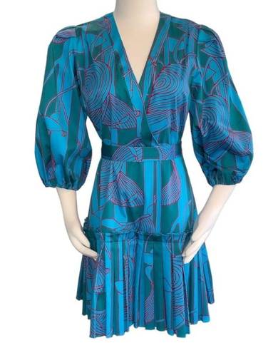 Alexis Sakura Blue Green Tropical Pleated Puff Sleeve Mini Dress sz XS $495