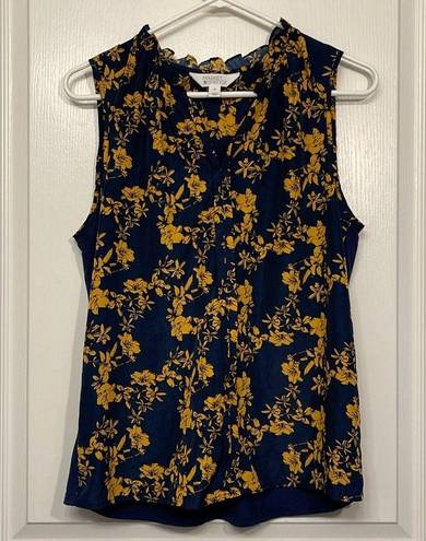 Market & Spruce  Stitch Fix Blue Mustard Floral Sleeveless Blouse Ruffle Size Med