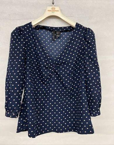 Mango  casual heart blouse navy blue blouse pullover silky Sz Small s 6 printed