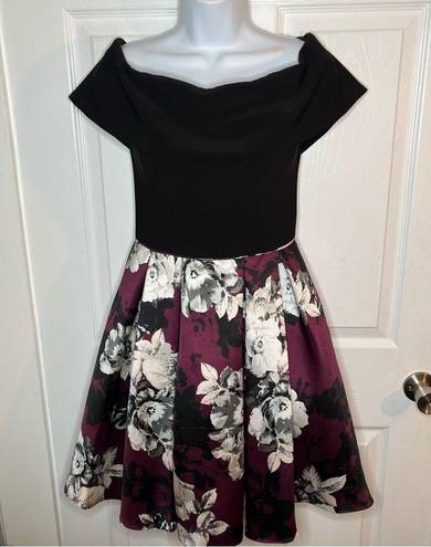 Betsy and Adam  Formal Dress Off the Shoulder Fit and Flare Black Burgundy 2