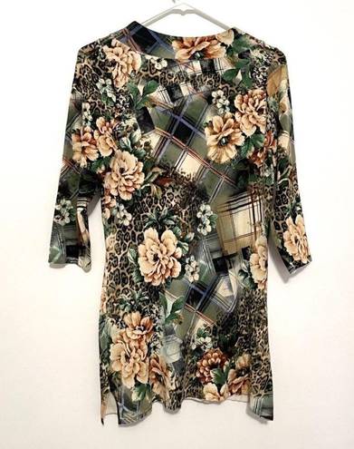 Alberto Makali  Green Cream Leopard Cheetah Animal Floral Plaid 3/4 Sleeve Tunic