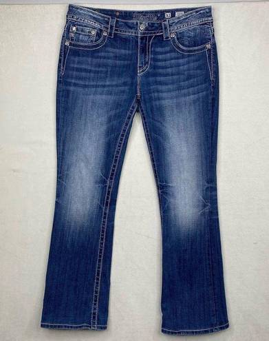 Miss Me Signature Boot Cut Cross Bling Distressed Dark Wash Blue Jean Size 31