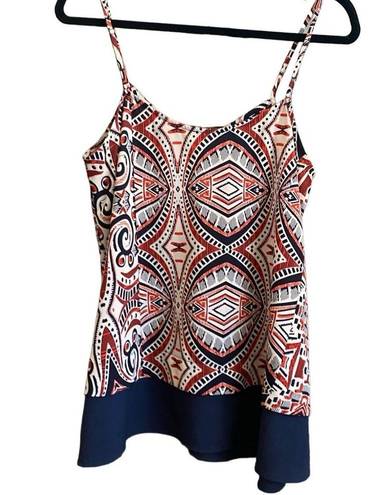 Collective Concepts  Red/Blue/Cream Abstract Print Cami with Solid Hem. Size L.