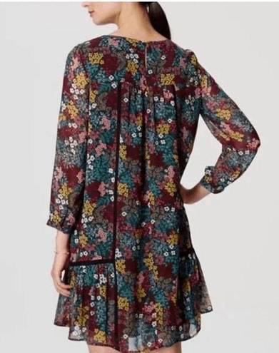 Loft  Navy Colorful Wildflower Floral Long Sleeve Mini Shift Dress Size SP