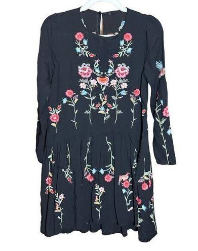 Wish Chic  Women's Relaxed Floral Embroidered Black Drop Swing Dress Tunic Sz M