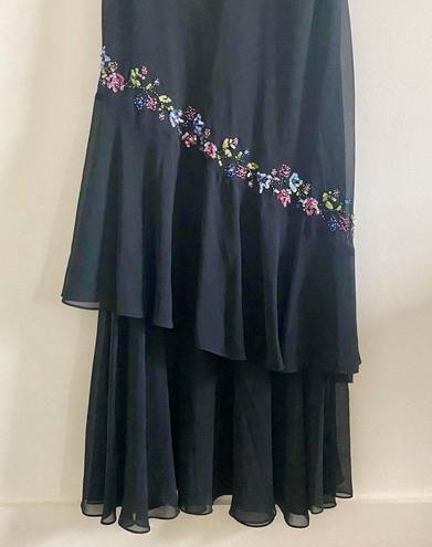 Alex Evenings Vintage long black cowl neck sequin flower embroidered formal evening maxi dress