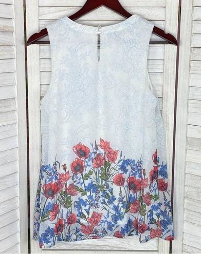 AGB Floral Lace Print Sleeveless Blouse Blue White Small