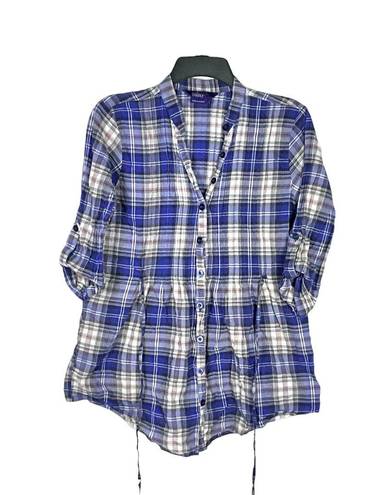 Miley Cyrus Blue, Black, Red, White Plaid Button Adj Sleeve Shirt w Tie In Back Women L