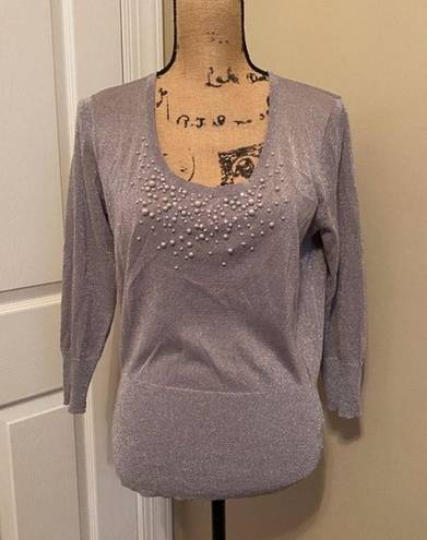 August Silk  Silver Pearl and sequin Scoop Neck Pullover Sweater Size L