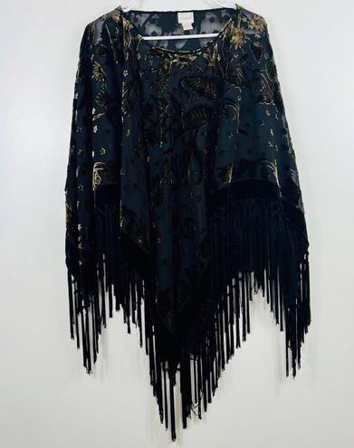 Chico's 🖤🖤Gorgeous CHICO’S Gypsy/Boho Sheer Black & Gold Floral Velvet Burnout with Fringe. Poncho, Shawl, Scarf. OSFM 🖤🖤