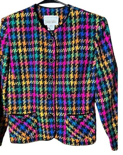 Houndstooth VTG 90s Dani Max  Blazer Jacket Womens Sz 12 Multicolor Preppy Career